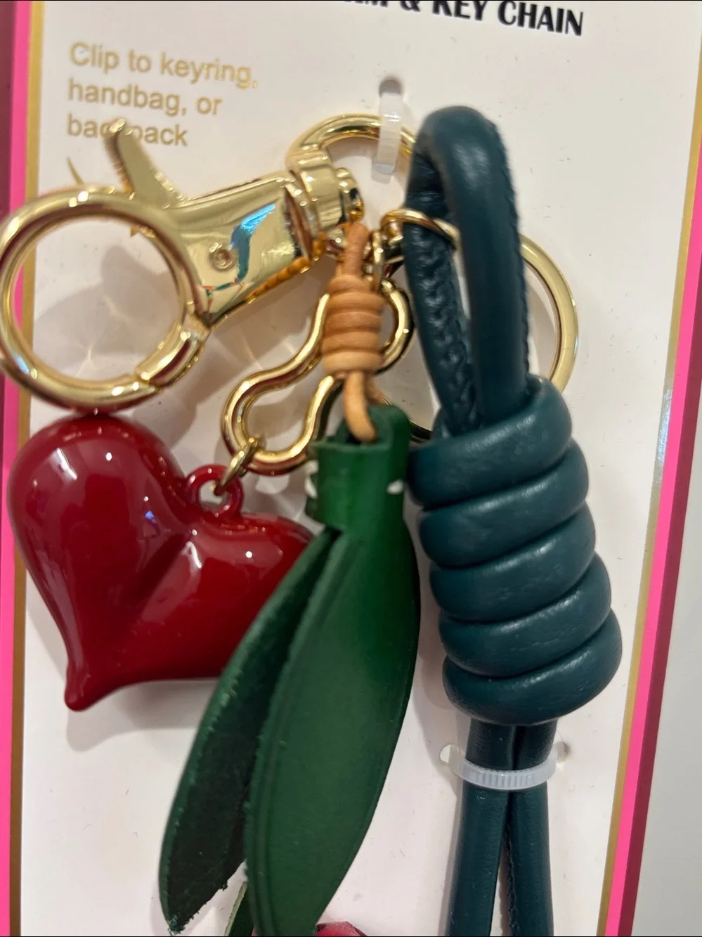 NWT Piper K Faux Leather Roses and heart Key Charm in Red & Green